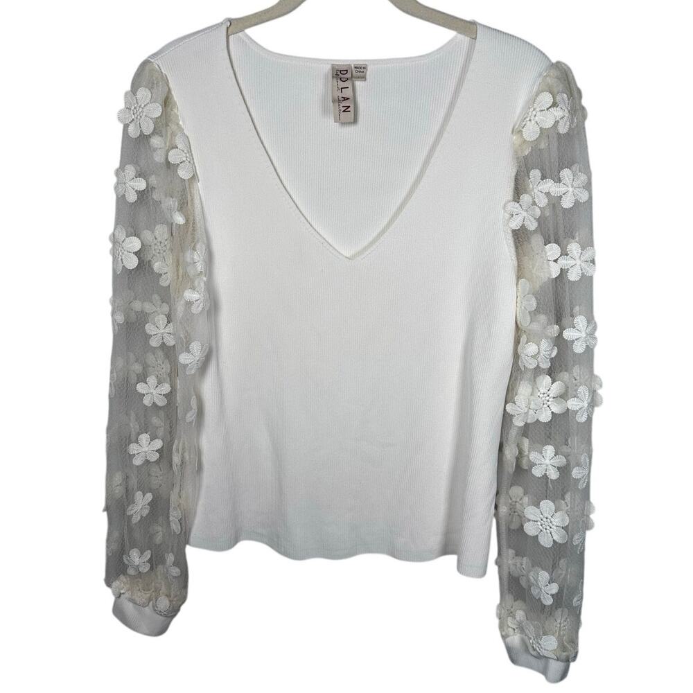 Dolan White Ribbed Sheer Floral Mesh Sleeves V Neck Blouse Women's Large